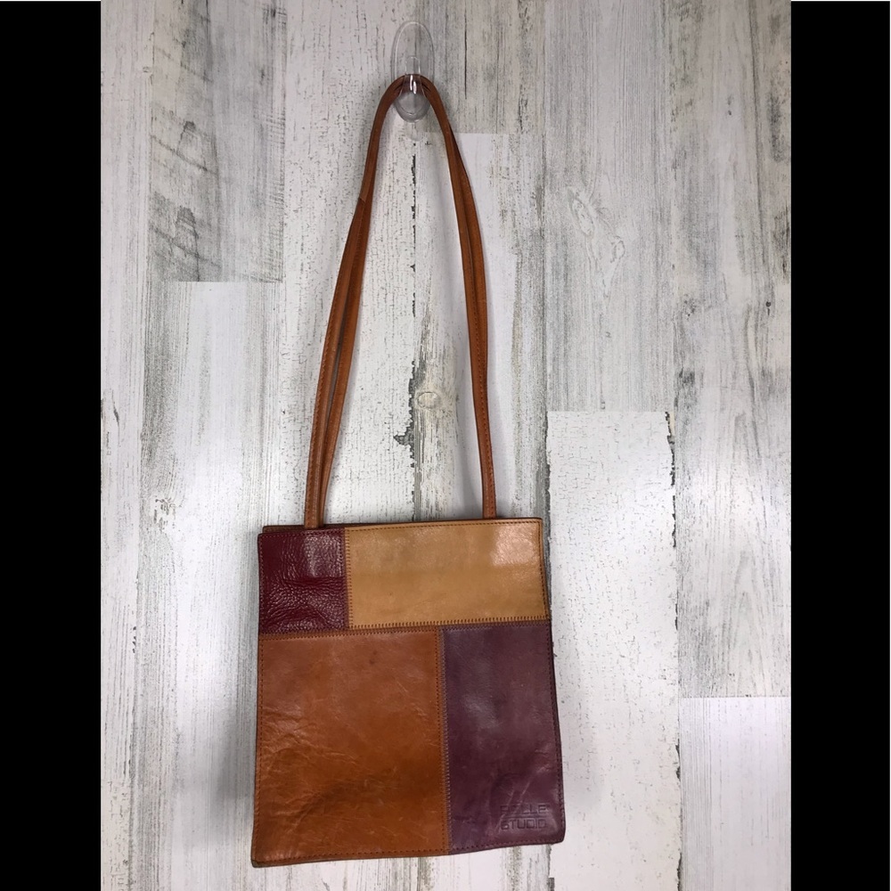 Colorblock leather double handle tote bag